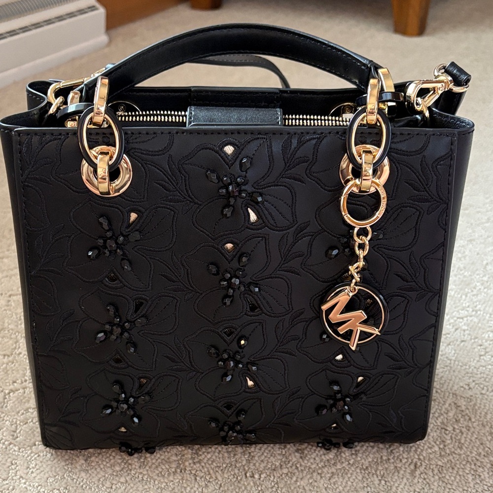 Michael Kors Black Floral Satchel with Gold Accents
